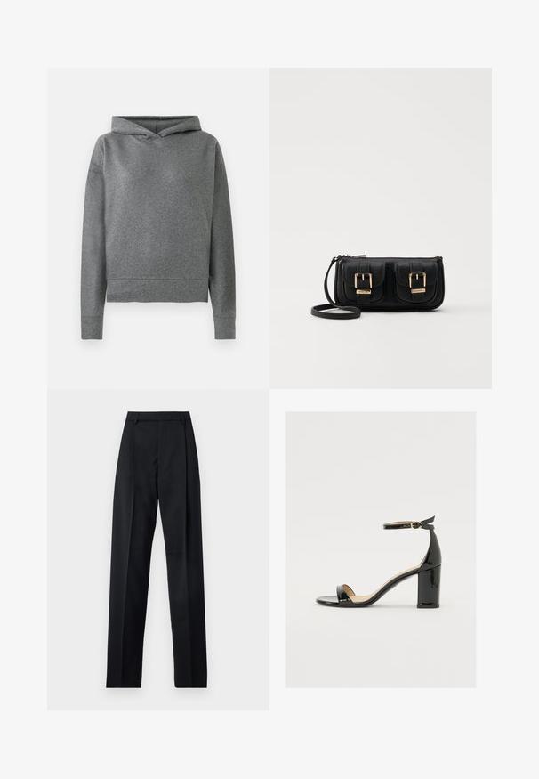 Sudadera gris hecha de una suave tela texturada. Cuenta con una capucha con cordón, mangas largas y un corte ligeramente recortado y holgado.; Pantalones negros de tela suave con cintura alta, piernas amplias, pliegues frontales y lazos de cinturón clásicos. No hay bolsillos laterales visibles.; Sandalia de charol negro con tacón ancho, punta abierta y correa en el tobillo que cuenta con una hebilla dorada. Textura suave y diseño elegante.; Bolso cruzado de cuero negro con dos bolsillos frontales, hebillas doradas, cierre de cremallera y una correa delgada. Superficie texturizada y forma rectangular compacta.