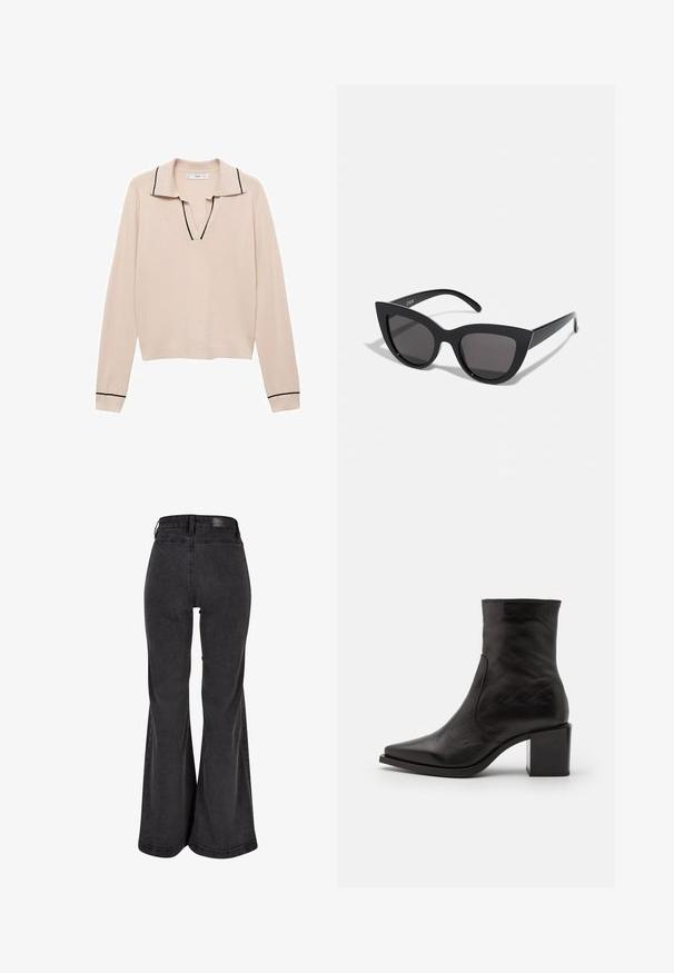 Svetlo bež pulover z V-izrezom in kratkim ovratnikom. Ima črne poudarke ob robovih ovratnika in manšet. Mehak pleten material.; Črne razširjene kavbojke z gladko teksturo, visokim pasom in blagovno znamko na zadnji strani. Imajo široko zasnovo hlačnic ter ojačano šivanje.; Črne usnjene gležnjarje s kvadratnim prstom in blok peto. Oblikovanje se ponaša z gladko teksturo in minimalnimi šivi.; Črne mačke-oko sončna očala z mat zaključkom, ki imajo sive tonirane leče, ostre kote in eleganten stranski del. Ime blagovne znamke je vidno na notranjem ročaju.