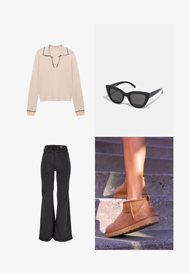 Svijetlosmeđi pulover s dekolteom u obliku slova V i kratkim ovratnikom. Ima crne detalje duž ovratnika i rubova manžeta. Mekana pletena tekstura.; Crne traperice s lepršavim nogavicama, glatke teksture, visokog struka i s brendiranim logom na stražnjem dijelu. Imaju široki kroj i ojačane šavove.; Smešane čizme od tan velura s mekim tekstilom, sa šavnim detaljima i gumenim đonom, te petom s petljom za lako obuvanje.; Crne mačkaste sunčane naočale s mat završnom obradom, sivo obojeni leće, oštri kutovi i elegantne bočne ručke. Ime brenda vidljivo na unutrašnjoj strani ručke.