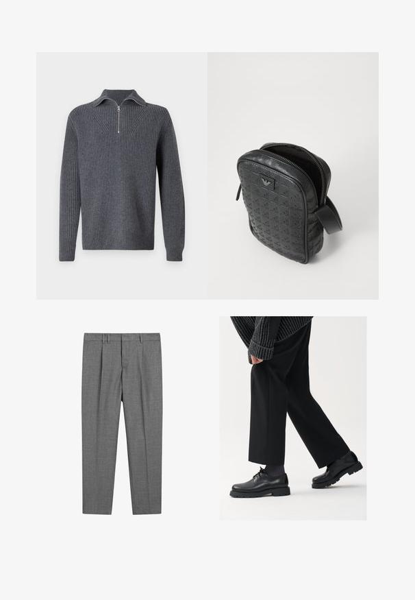 Grijze geribde trui met een rits-kraag. Beschikt over lange mouwen en een gestructureerd gebreide patroon, wat zorgt voor een gestileerde uitstraling.; Zwarte katoenen t-shirt met een klassieke ronde hals, korte mouwen en een comfortabele pasvorm. Gladde textuur, zonder patronen of versieringen.; Grijze op maat gemaakte broek met een gestructureerde stof, voorzien van een platte voorkant, geplooide benen, riemlussen en een standaard tailleband.; Zwarte leren schoenen met een afgeronde neus, vetersluiting en een dikke, getextureerde zool. Draagt een gepaste zwarte broek en een geribbelde trui.; Zwarte, gestructureerde leren tas met een geometrisch patroon, rechthoekige vorm, bovenrits en een kort handvat. Heeft een logo-opdruk aan de voorkant.; Timex polshorloge met een zilveren wijzerplaat, zwarte uurmarkeringen en stalen kast. Het heeft een geëtste zwarte leren band. Eenvoudig, elegant ontwerp.