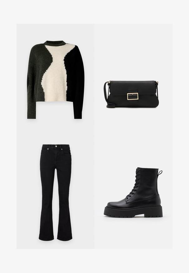 Knit sweater featuring a color block design in black, dark green, and cream. Round neckline and ribbed hem. Soft texture, relaxed fit.; Black flared jeans made of denim, featuring a mid-rise waist, front pockets, and button closure. Smooth texture with minimal stitching details.; Black leather ankle boots with a round toe, lace-up front, and a thick rubber sole featuring a textured tread. Pull tab at the back.; Black leather clutch bag with a flap and a gold metal buckle detail. Includes a black strap and a sleek, minimalist design.