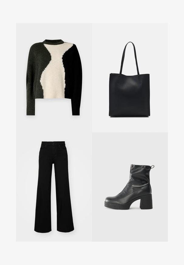 Strickpullover mit einem Farbblockdesign in Schwarz, Dunkelgrün und Creme. Runder Halsausschnitt und gerippter Saum. Weicher Stoff, lockere Passform.; Schwarze weit geschnittene Hose aus Denim, mit einem strukturierten Bund, Gürtelschlaufen und Fronttaschen. Glatte Textur mit klassischem Design.; Schwarze Stiefeletten aus glattem Leder mit seitlichem Reißverschluss, klobigem strukturiertem Absatz und runder Zehenform.; Schwarze Laptoptasche aus Leder mit glatter Textur, rechteckiger Form und zwei langen Griffen. Keine sichtbaren Beschläge oder Verzierungen.