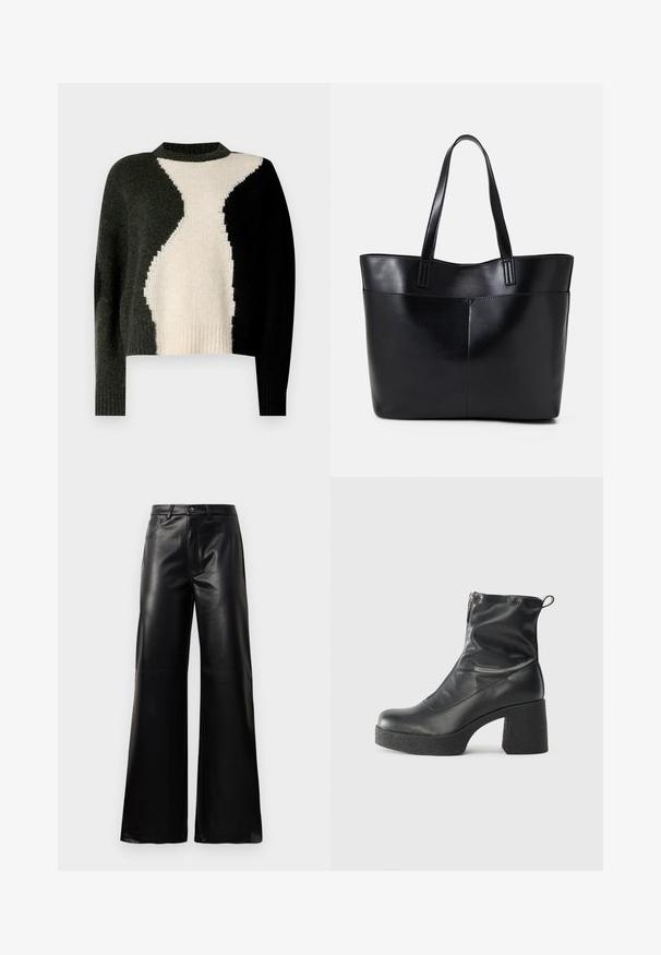 Sweter dziergany w kolorze blokowym w czerni, ciemnej zieleni i kremie. Okrągły dekolt i ściągacz u dołu. Miękka faktura, luźny krój.; Czarne, wysokie na talii, szerokie spodnie z sztucznej skóry z guzikami z przodu, zapięciem na zamek, szlufkami na pasek i bocznymi kieszeniami na białym tle.; Czarne botki za kostkę wykonane z gładkiej skóry, wyposażone w boczny zamek błyskawiczny, masywny teksturowany obcas oraz zaokrąglony czubek.; Czarna skórzana torba na ramię z dwoma długimi uchwytami, gładką teksturą i sztywną formą. Posiada przednią kieszeń dla dodatkowego przechowywania.