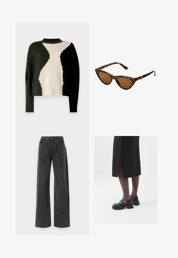 Stickad tröja med färgblockdesign i svart, mörkgrön och krämvit. Rund halsringning och ribbad fåll. Mjuk textur, avslappnad passform.; Noisy May NMJANNEL LOOSE - Jeans relaxed fit - black denim; Svarta läderskor med rund tå, tjock klack utan häl och elastiska sidodetaljer, kombinerat med mörka strumpbyxor och en svart kjol med slits.; Kattögon-solglasögon med en ram i svart och orange sköldpaddsmönster, bruna linser och smala, spetsiga tips. Har en minimalistisk logotyp på bågen.; Silverfärgade hoopörhängen med en minimalistisk design. Cirkulär form, slät yta och tunn profil. Lätta med en polerad finish.