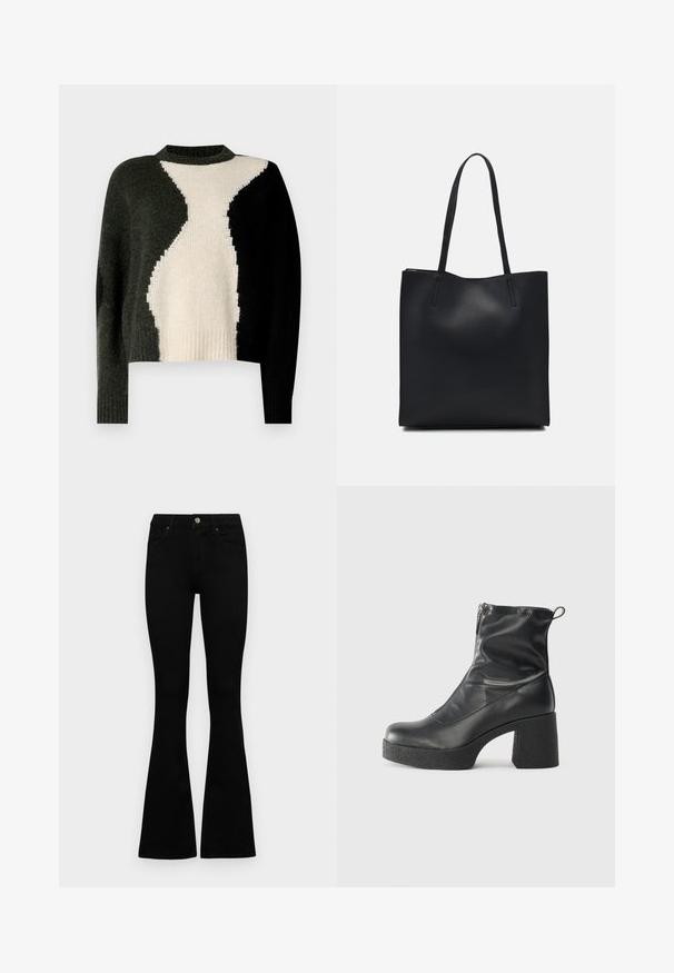 Sweater de malha com um design em blocos de cor em preto, verde escuro e creme. Gola redonda e bainha canelada. Textura suave, corte descontraído.; Jeans pretos de cintura alta com fecho de botão e zíper, bolsos frontais e pernas largas dispostos em cima de um fundo branco.; Botas de tornozelo pretas feitas de couro liso, com fecho lateral, salto grosso texturizado e design de bico arredondado.; Bolsa tote preta em couro com textura lisa, forma retangular e duas alças longas. Sem hardware ou enfeites visíveis.