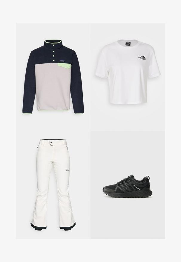 Flis pulover v mornarsko modri in svetlo sivi barvi, s pokrivalnim ovratnikom, zeleno akcentirano žepom in majhnim logotipom na prsih. Mehka tekstura.; Bela skrajšana majica iz bombaža z okroglim izrezom in kratkimi rokavi. Ima črn logotip na levem prsnem delu.; Bele smučarske hlače iz mehkega, fleksibilnega materiala. Imajo prilegajoč pas, široke razširjene noge in črno obrobo na koncih. Vidno je blagovno znamenje.; Columbia PEAKFREAK - Pohodniški čevlji - black