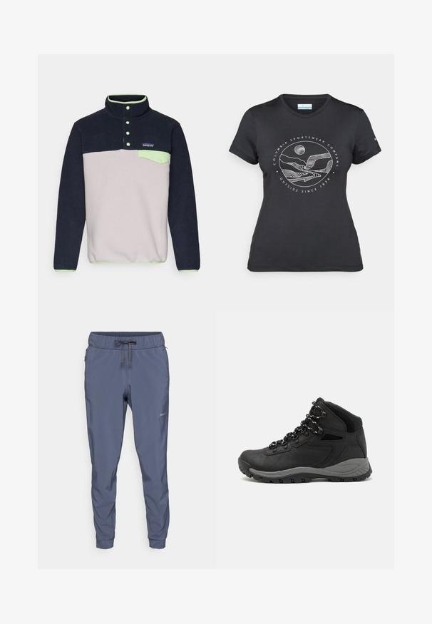 Fleecepullover i marinblått och ljusgrått, med en tryckknappskrage, en grön accentficka och en liten logotyp på bröstet. Mjuk textur.; Svart Columbia-t-shirt med vit cirkulär linjekonst av berg och flod samt texten "Columbia Sportswear Company Outside Since 1938."; Patagonia TERREBONNE JOGGERS - Friluftsbyxor - smolder blue; Svart vandringskänga med mellanhög design, som har en texturerad överdel, grå accenter och en slitstark gummisula med greppklackar.