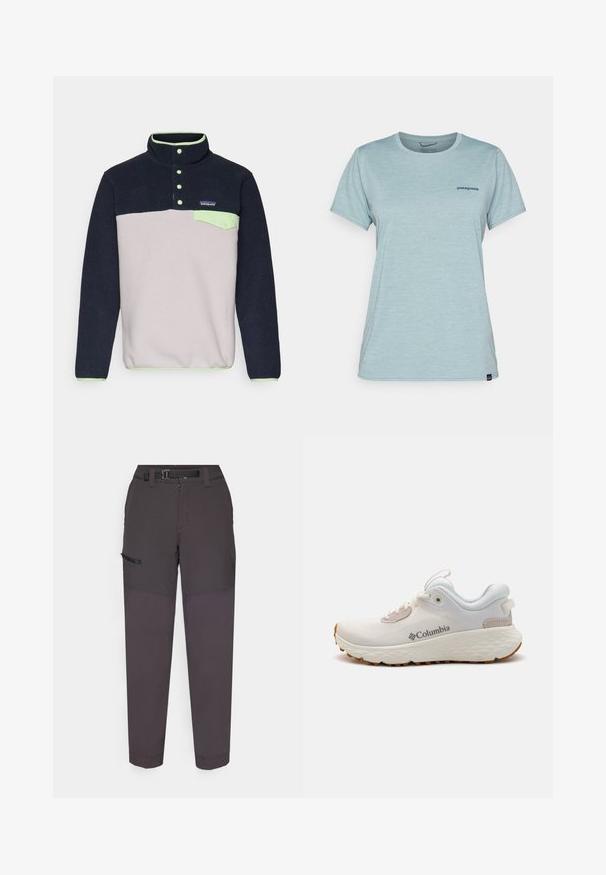 Pullover in pile di colore blu navy e grigio chiaro, con colletto a bottoni, tasca verde di accento e un piccolo logo sul petto. Tessuto morbido.; T-shirt azzurro chiaro a maniche corte realizzato in tessuto morbido e traspirante, caratterizzato da un piccolo logo navy sul petto e un collo a giro.; Pantaloni cargo grigio scuro realizzati in un tessuto leggero, con una cintura resistente, zip frontale e tasca laterale con patta in Velcro.; Scarpa atletica leggera Columbia in rete bianca con suola grigia testurizzata e trazione in gomma. Presenta un colletto imbottito e un design con lacci.