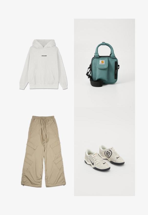 Valge kapuutsiga dressipluus, millel on ees suur tasku, nööriga kapuuts ja must "PEGAADOR" tekst rinnal. Pehme kangas, sooniku tüüpi mansetid ja alläär.; Beežid cargo püksid, millel on kummiga vöökoht, mitmed küljetaskud ja mugav lõige. Valmistatud kerge ja sileda materjali koos õmblemise detailidega.; Nike spordijalatsid beeži ja halli tekstuuriga ülemise osa, mustade aktsentidega, suure "90" logoga ja valge sidumisega. Must tald.; Tühi värvi kangast õlakott lühikeste käepidemete, lukuga tasku, esise klapiga tasku, reguleeritava rihma ja Carhartti logoga esipaneelil.