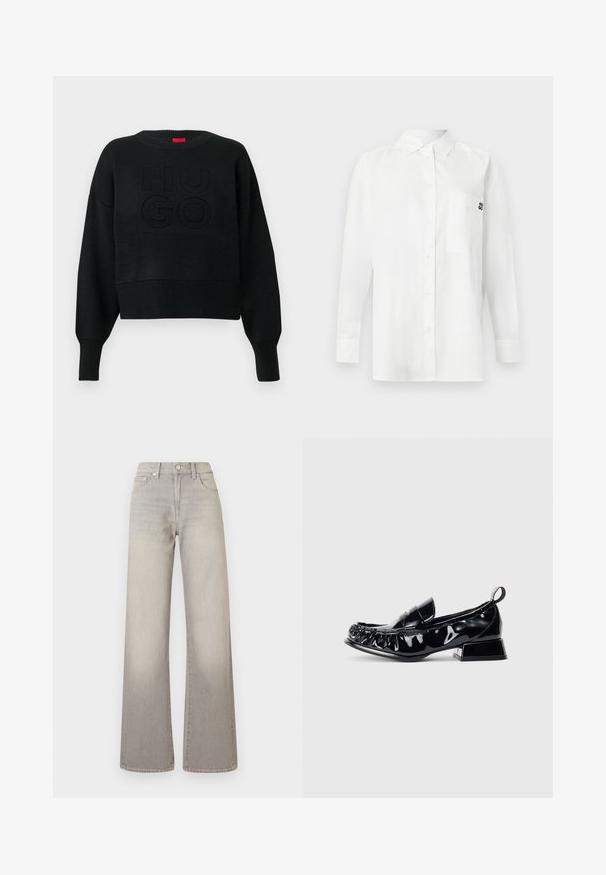 Maglione nero corto con trama a coste e scollo rotondo, caratterizzato da un logo "HUGO" in rilievo sul davanti e polsini a coste.; Camicia bianca a maniche lunghe in tessuto misto cotone, con colletto button-down, tasca frontale e un piccolo logo nero sul petto.; Jeans grigi larghi con finitura sbiadita, chiusura con bottone, design a cinque tasche e cuciture decorative lungo le cuciture.; Mocassino in pelle verniciata nera con punta quadrata, dettagli arricciati, tacco a blocco basso e linguetta sul retro, su sfondo bianco.