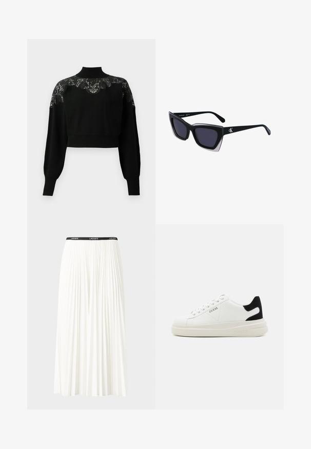 Juodas trumpas megztinis su aukštu kaklu, kuriame yra nėrinių detalės ant pečių ir ilgos rankovės. Minkšta megztinė medžiaga.; Pleated balta sijonas su juodu elastiniu juosmeniu, ant kurio yra "LACOSTE" logotipas. Vidutinio ilgio dizainas su švelnia tekstūra.; Baltos odinės sportbačiai su storu baltu padu, juodu nubuko kulno akcentu ir iškilmingu logotipu šone. Su raišteliais, turinčiais šešis akinius.; Juodos didelės saulės akinių su geometrine forma, turinčiais tamsius objektyvus ir kontrastingą pilką detalę ant rėmelio. Logotipas ant šalon.