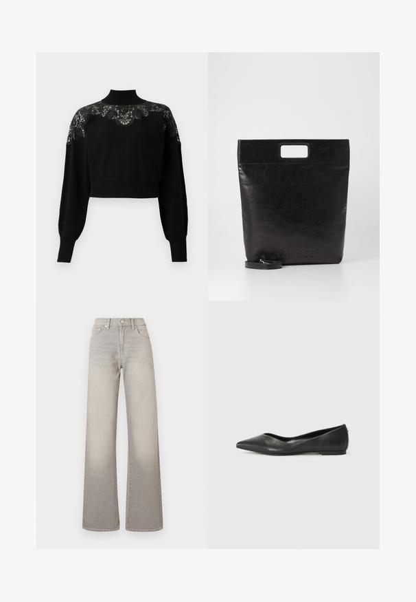 Schwarzer, kurz geschnittener Pullover mit hohem Kragen, der über einen Spitzendetail entlang der Schultern und langen Ärmeln verfügt. Aus weichem Strickstoff.; Graue weit geschnittene Jeans mit einem verblassten Finish, Knopfverschluss, fünf Taschen und gestickten Details entlang der Nähte.; Schwarze Leder-Ballerinas mit spitzem Zehenbereich, niedrigem Absatz und glatter Textur. Minimalistisches Design mit einem dezenten seitlichen Akzent.; Schwarze Leder-Tote-Tasche mit einem quadratischen Griff, ausgestattet mit einer strukturierten Oberfläche und geprägtem Logo. Inklusive abnehmbarem Tragegurt.