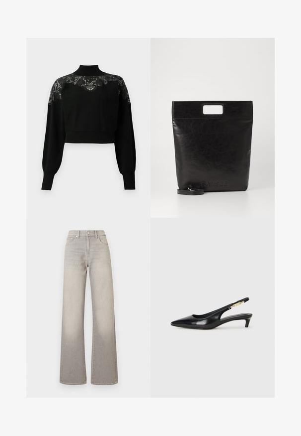 Črn skrajšan pulover z visokim ovratnikom, ki ima čipkast detajl čez ramena in dolge rokave. Mehka pletenina.; Sive široke jeans hlače z utonulim zaključkom, z gumbom za zapiranje, petimi žepi in šiviljskim detajlom ob šivih.; Črne usnjene sandale na peto z ostro konico, ki imajo tanko peto in zlat ton na nastavljivem traku. Gladka tekstura.; Črna usnjena torba s kvadratnim ročajem, ki ima teksturirano obdelavo in vtisnjen logotip. Vključuje odstranljiv trak.