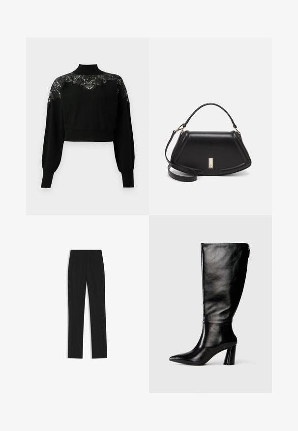 Black cropped sweater with high neck, featuring lace detailing across the shoulders and long sleeves. Soft knit fabric.; Black tailored trousers with a straight-leg design, featuring front pockets and a smooth, textured fabric. Neat, minimal detailing.; Knee-high black leather boot with a pointed toe, smooth texture, and a chunky heel. Features a zipper detail at the back.; Black leather handbag with a structured design, featuring a cropped shape, top handle, and gold hardware accent. Adjustable shoulder strap included.