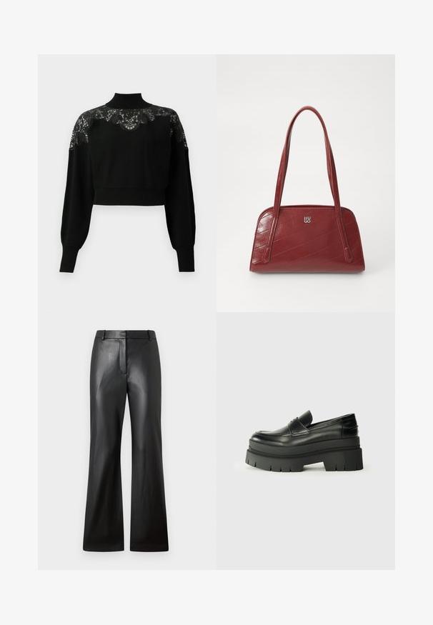 Černý zkrácený svetr s vysokým límcem, s krajkovým zdobením na ramenou a dlouhými rukávy. Měkká pletenina.; Černé kožené kalhoty s hladkou texturou, širokým střihem a středně vysokým pasem s poutky na opasek a předními kapsami.; Černé kožené loafers s robustní platformovou podrážkou. Kulatá špička, přední šev a jemné akcenty prošití. Plochá, texturovaná podrážka.; Červená prošívaná kabelka vyrobená z lesklého materiálu, se dvěma dlouhými uchy a akcentem stříbrného loga. Diagonální švy vytvářejí texturu.