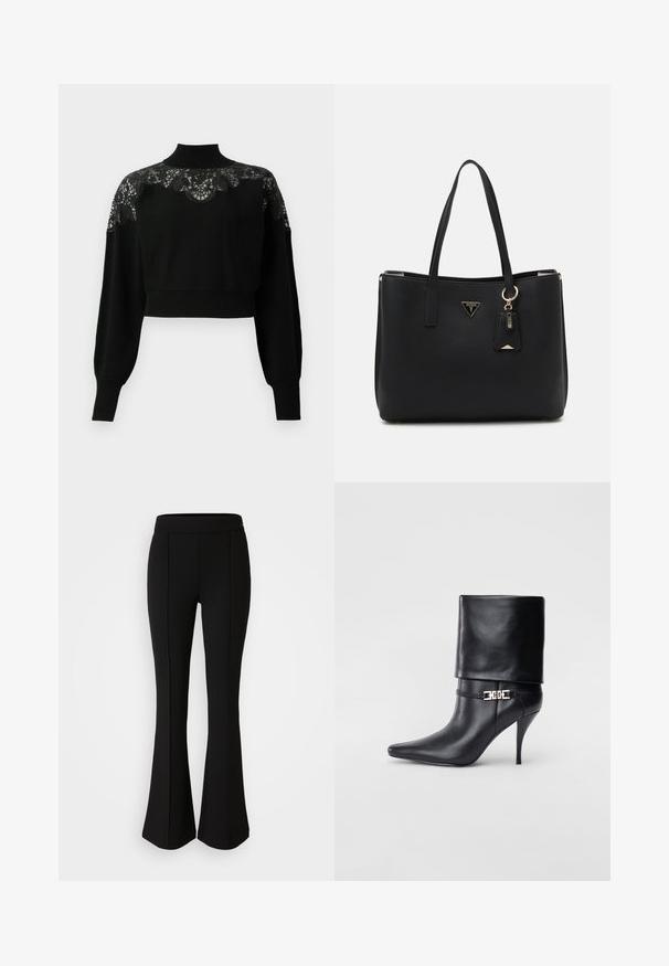 Fekete, rövidített pulóver magas nyakkal, csipke részletezéssel a vállakon és hosszú ujjakkal. Puha kötött anyag.; Fekete, elasztikus anyagból készült, sima textúrájú, bővülő nadrág, elülső varrásokkal a dizájn fokozása érdekében.; Fekete bőr bokacsizma hegyes orral, magas stiletto sarokkal, hajtott szegéllyel és arany díszcsattal a bokán.; Fekete tote táska strukturált szintetikus anyagból, két fogantyúval, arany logó táblával és egy kis címkével, amely kiemelő részletet tartalmaz.