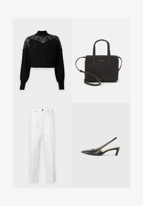 Must have kõrge kaelusega must lühike sviiter, kus on pitsdetailid õlgadel ja pikad varrukad. Pehme kudum.; Valged denim püksid, sirge lõikega, nööbiga kinni ja kahe esipoole taskuga. Ilma nähtavate mustrite või ehteta. Sujuv tekstuur.; Must mustaga, terav varvas, madala kontsaga sildiga king, mis on valmistatud siledast nahast ja mille küljel on lõike disain hingavuse tagamiseks.; Musthave mustrans vöö ja eemaldatav õlarihm. Gludike nahk siledaga, millel on tõmblukk ja logo detail.