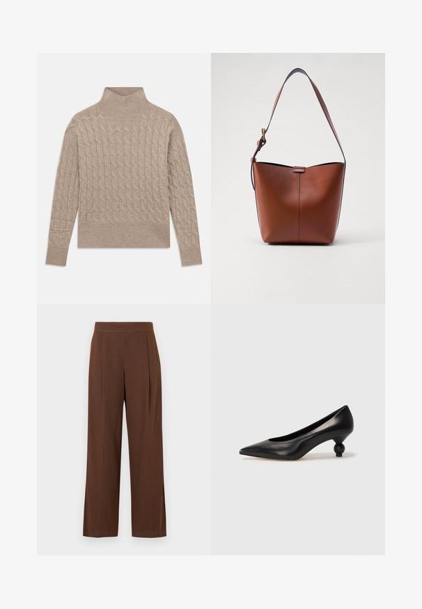 Beige cable-knit turtleneck sweater with long sleeves and ribbed cuffs and hem, laid flat on a white background.; Brown wide-leg trousers with a smooth texture, featuring a flat front and pleats. The waistband is elasticized for comfort and fit.; Black leather high heel shoe with a pointed toe and a round, balled heel. Smooth texture with a sleek, minimal design.; Brown leather shoulder bag with a curved shape, smooth texture, and a single thin strap. Features a subtle seam and a small logo detail.