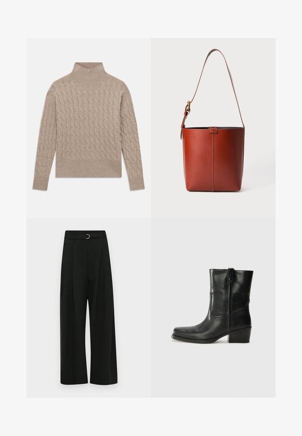 Pullover de malha canelada em bege com gola alta, mangas longas e punhos e bainha canelados, disposto em plano sobre um fundo branco.; Calças largas pretas feitas de um tecido suave, com um cinto com uma fivela prateada, pregas na frente e um acabamento reto.; Bota de tornozelo em couro preto com bico arredondado, salto bloco, fecho lateral e detalhes em costura na parte frontal. Textura suave, design clássico.; Saco de couro castanho em forma de balde com alça de ombro ajustável e fivela em tom dourado, detalhe de costura vertical simples na frente.