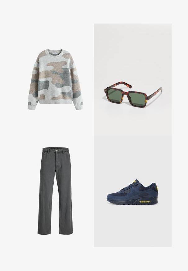 Suéter gris con un patrón de camuflaje en tonos de beige, gris claro y gris oscuro. Presenta un escote redondo y puños acanalados. Textura suave.; Jeans de pierna ancha de color gris oscuro fabricados en denim. Cuenta con un cierre frontal de botón y cremallera, presillas para cinturón y un diseño clásico de cinco bolsillos.; Zapatillas Nike Air Max en color azul marino, con parte superior de ante y malla, que presentan acentos amarillos, cordones en la parte frontal y amortiguación de aire visible en la suela.; Gafas de sol de carey con montura cuadrada, lentes tintados en verde y acentos naranjas en contraste a lo largo de los bordes de las varillas.