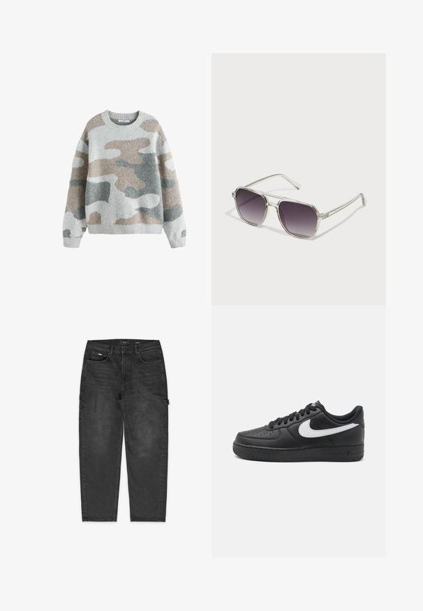 Maglione grigio con un motivo camouflage in tonalità di beige, grigio chiaro e grigio scuro. Presenta un collo rotondo e polsini a costine. Tessuto morbido.; Pantaloni cargo in denim neri con vestibilità rilassata, cuciture a vista, tasche frontali e laterali, e un gancio sulla coscia per utilità.; Sneaker Nike Air Force 1 nere con tomaia in pelle liscia, accentuato da un logo bianco, punta perforata e suola in gomma testurizzata.; Occhiali da sole con montatura trasparente, forma quadrata e lenti grigie sfumate. Sottili dettagli argentati sulle tempie aggiungono un tocco di eleganza.