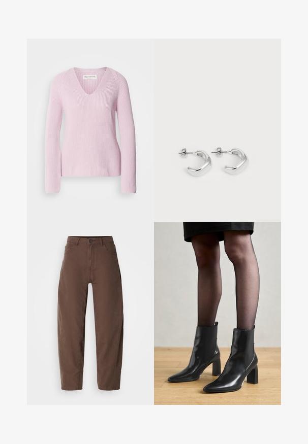 Heled roosa kudumine särk V-kaeluse ja pikkade varrukatega, ribakonstruktsiooniga. Omab lõdva lõikega ning lihtsat, õmblusteta disaini.; Kohvi sirge säärega püksid, millel on esine nupp ja tõmblukk, vöölõngad ja küljetaskud, esitatud valgel taustal.; Mustad mustad jalanõud terava ninaga, paksu ruudukujulise kontsaga ja saleda disainiga. Omavad elastseid külgpaneele mugavaks selga tõmbamiseks.; Hõbedased rõngas kõrvarõngad, millel on sile ja poleeritud viimistlus. Ümmargune kuju, millel on veidi kumer disain ja sulandatud servad. Klambri sulgemine.