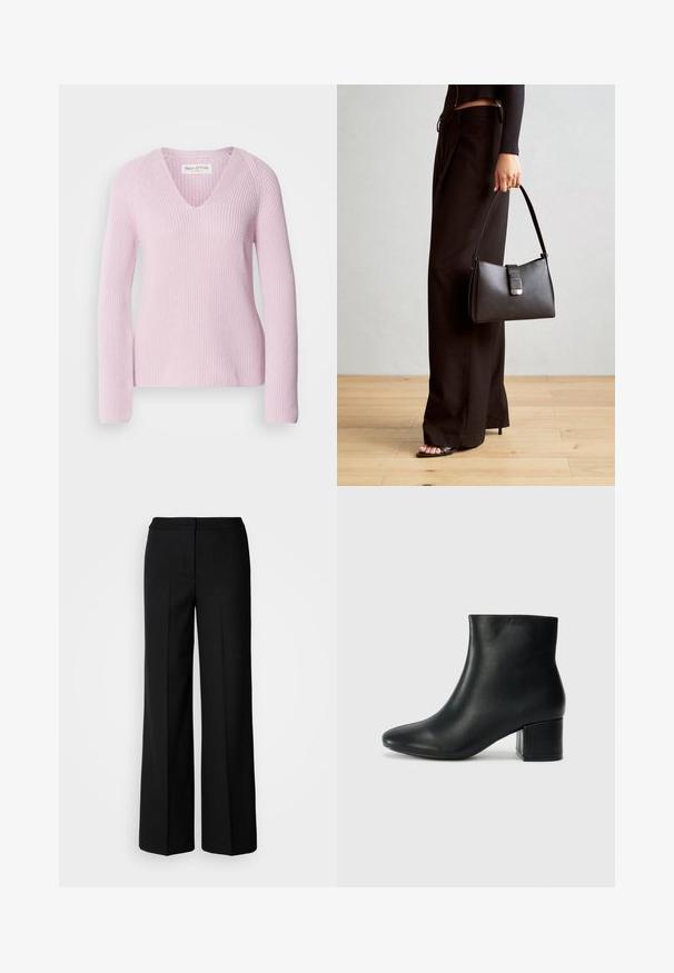 Lys rosa strikket genser med V-hals, lange ermer og ribbestruktur. Den har en avslappet passform og et enkelt, sømløst design.; Svarte vide bukser med et glatt stoff, med høy livvidde, skreddersydde sømmer og et minimalistisk design. Ingen synlig maskinvare eller lommer.; Sorte skinn ankelsko med spiss tå og chunky hæl. Glatt tekstur med minimale detaljer og et elegant, tettsittende design.; Svart håndveske med strukturert form, jevn tekstur og metallisk lås. Kombinert med brede svarte bukser og sandaler med åpen tå på tregulv.