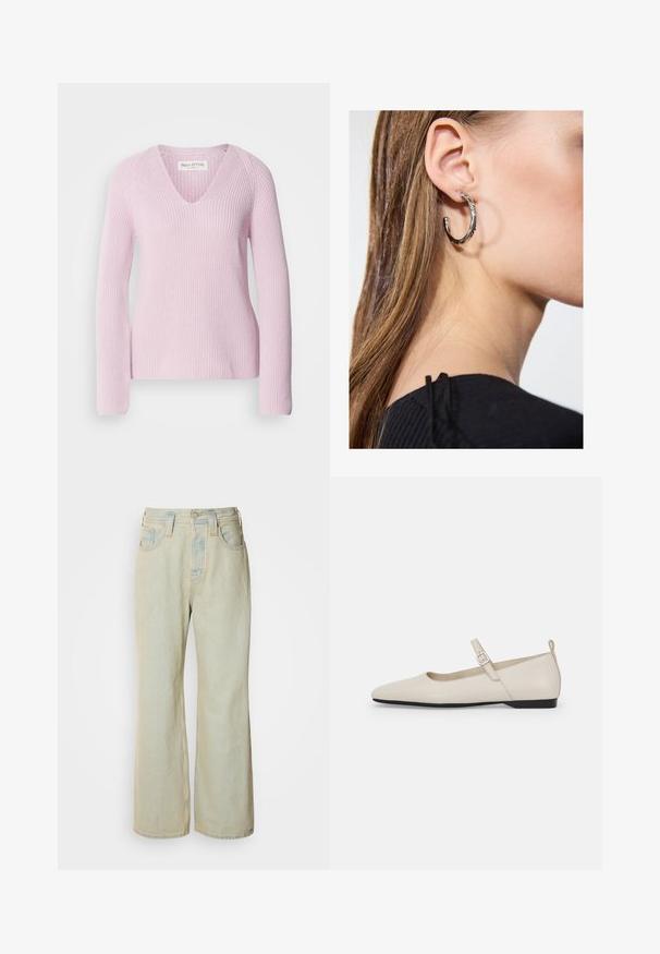 Világos rózsaszín kötött pulóver V-nyakkal, hosszú ujjal és bordás textúrával. Lazán illeszkedik, egyszerű, varrásmentes kialakítással rendelkezik.; Világoskék, bővített szárú farmernadrág, magas derékkal, öt zsebbel, finom fakulással és kontrasztos varrásokkal.; Fehér bőr Mary Jane lapos cipők, hegyes orral, oldalsó csattal és alacsony fekete sarokkal. Simás textúra és minimalista dizájn.; Ez egy ezüst fülbevaló, sima felülettel, amelyen apró arany díszítőelemek találhatók. Kerek formájú és a fülcimpán viselik.