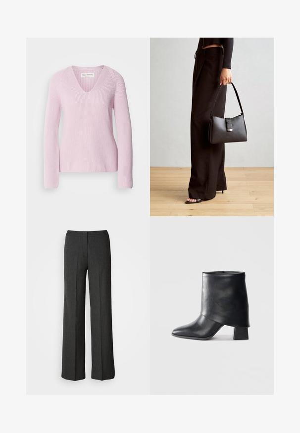 Light pink knitted sweater with a V-neck, long sleeves, and ribbed texture. Features a relaxed fit and simple, seamless design.; Wide-leg trousers in dark gray, made from textured fabric. Features a fitted waistband and subtle pinstripe pattern.; Black leather ankle boot with a pointed toe, smooth texture, and a structured block heel. Features a high, folded cuff design.; Black handbag with structured shape, smooth texture, and a metallic clasp. Paired with wide black pants and open-toe sandals on wooden floor.