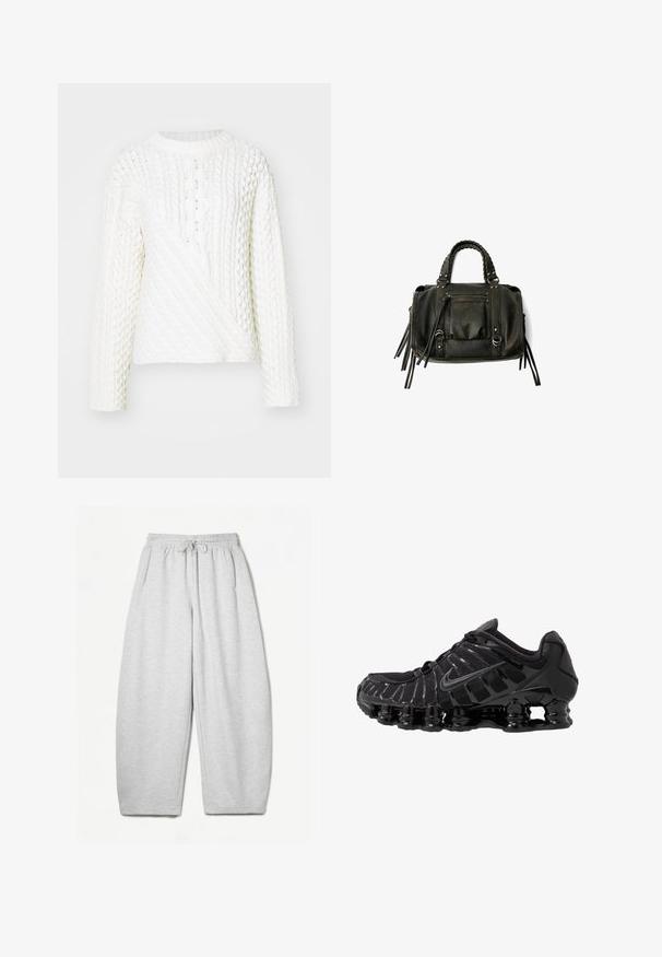 Pulover alb tricotat, cu un model texturat de sârmă, guler rotund și mâneci lungi. Designul include o secțiune frontală diagonală.; Pantaloni de trening gri deschis, cu o croială lejeră, talie elastică, șnur și buzunare laterale; realizați dintr-un material moale, texturat.; Pantofii sport negri cu partea superioară din plasă și suprapuneri lucioase. Caracteristici de amortizare cu bobine curbate și linii texturate pe lateral. Logo-ul Nike este vizibil.; Geantă din piele neagră, cu mânere împletite, buzunar cu fermoar și ciucuri suspendați. Suprafață texturată cu capse metalice și accente din metal.