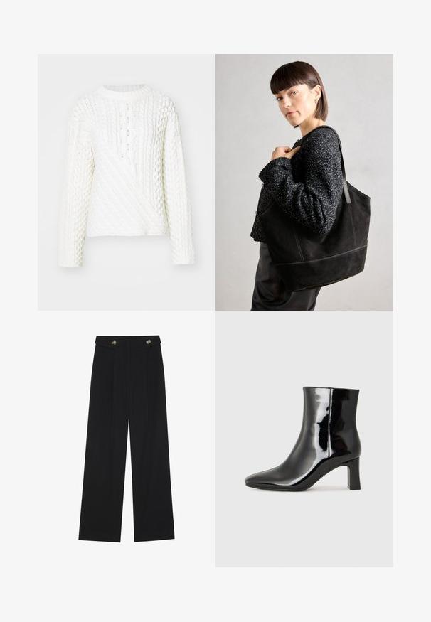 Valge kudum, millel on tekstuuriga nöörmustrit, ümar kaelus ja pikad varrukad. Kujundus sisaldab diagonaalset esiosa.; Mustad laiad püksid kõrge vöökoha ja nööpdetailidega vööandil, esikortsudega.; Must-sinine nahkjalats musta läikiva viimistlusega, millel on terav nina ja keskmise kõrgusega plokk konts. Sile tekstuur ja minimalistik disain.; Must mustriga mustekott, millel on sile tekstuur, struktureeritud kuju ja kontrastsed õmblused. Omab pikki rihmasid õlavarre kandmiseks.