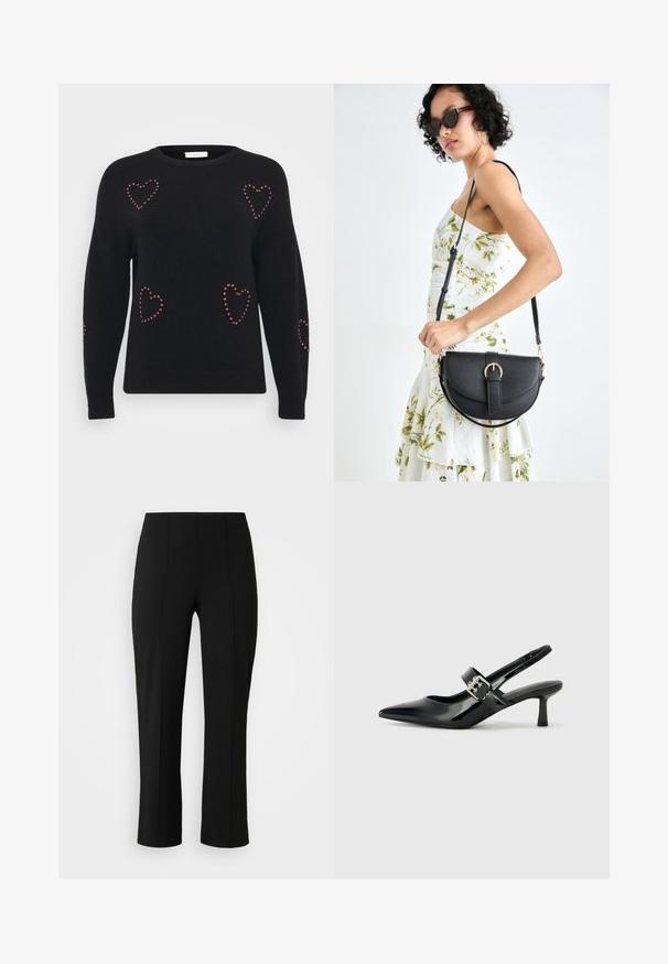 Svart tröja med lös passform, med mönster av röda gemstone-hjärtan på framsidan. Rund halsringning och ribbade manschetter vid ärmar och nederkant.; Vero Moda Curve VMCBECKY PULL ON - Tygbyxor - black; Svarta patentläder slingback-klackar med spetsig tå och en liten blockklack, med en silvrig spänneaccent på remmen.; Svart läderhandväska med en böjd form, avtagbar rem och guldiga detaljer. Väskan har ett lock med en spänndetalj.