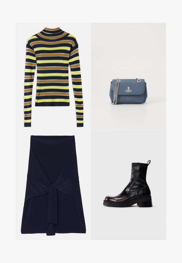 Svetr s dlouhým rukávem, ribovaný pletený, s vodorovnými pruhy v černé, hnědé, žluté, světle šedé a bílé na bílém pozadí.; Námořnická modrá sukni s překládaným designem vyrobená z měkké a elastické látky, s uzlovým provedením vpředu, které má hladkou strukturu a upravené okraje.; Černé kotníkové boty z kůže s lesklým povrchem, kulatou špičkou a robustním podpatkem. Mají boční zip a poutko pro snadné obouvání.; Modrá texturovaná kabelka z umělé kůže se stříbrným řetízkovým popruhem a logem na přední straně. Zapínání na klapku s designem přesklápěcího uzávěru.