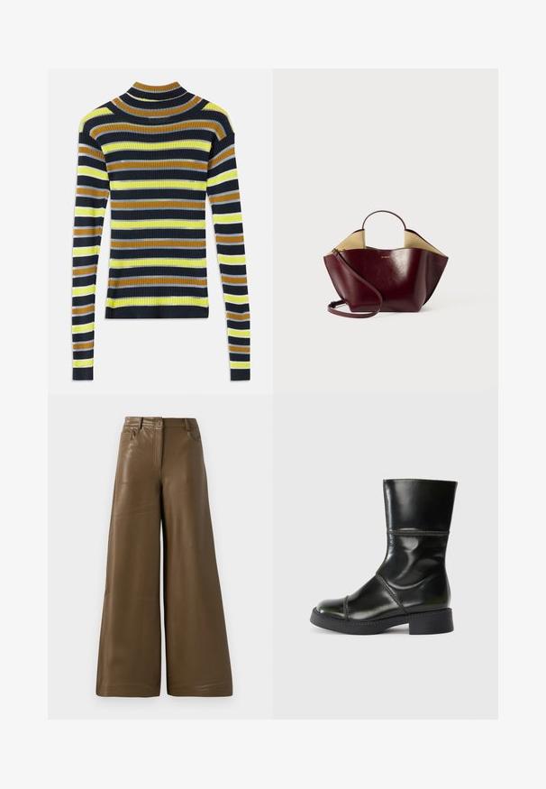 Maglione a maniche lunghe in maglia a costine con righe orizzontali in nero, marrone, giallo, grigio chiaro e bianco su sfondo bianco.; Pantaloni a gamba larga realizzati in morbida finta pelle marrone. Caratterizzati da una vita alta, quattro tasche e una zip anteriore. Texture liscia e design minimalista.; Stivaletto in vera pelle nera con punta tonda, finitura liscia, cuciture a contrasto e tacco a blocco, caratterizzato da una silhouette leggermente affusolata.; Borsa in pelle bordeaux con forma strutturata, dotata di manico corto, tracolla lunga e interno beige a contrasto.