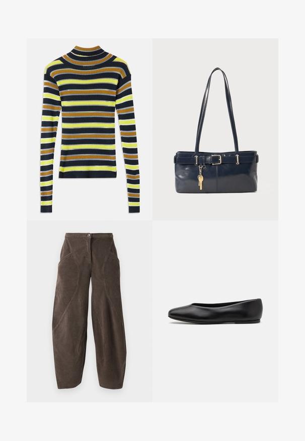 Long-sleeve ribbed knit sweater with horizontal stripes in black, brown, yellow, light gray, and white on a white background.; Brown wide-leg corduroy pants with high waist, front button closure, and angled seam details on legs.; Paul Smith TOPANGA - Ballet pumps - black; Navy leather handbag with two long handles, a buckle detail, and a keychain attached. Features a smooth texture and a rectangular shape.