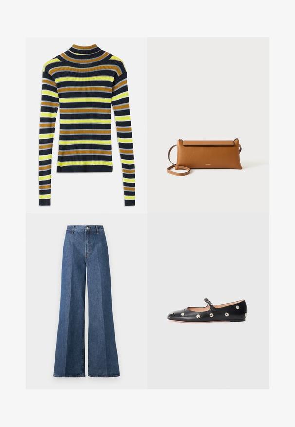 Dugi rukav brašna pletiva sa horizontalnim prugama u crnoj, smeđoj, žutoj, svijetlosivoj i bijeloj boji na bijeloj pozadini.; Široke plave traperice s visokim strukom, s klasičnim stilom pet džepova i kopčanjem na dugme, izrađene od teksturirane pamučne tkanine.; Crne kožne Mary Jane balerinke s zaobljenim vrhom, koje sadrže srebrne kružne zakovice i podesivu traku s kopčom.; Smeđa kožna torbica, pravokutnog oblika, teksturirane površine, s odvojivim remenom, zatvaranjem na patentni zatvarač, diskretni logotip utisnut sprijeda.