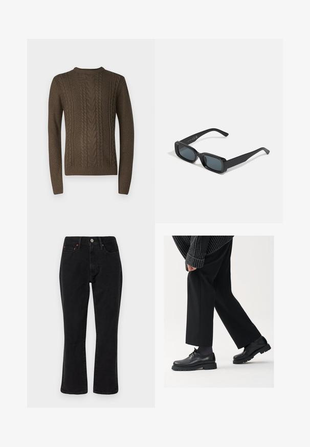 Pulover tricotat de culoare brună, cu modele texturate în cablu, manșete cu bordură și guler rotund. Materialul pare gros și călduros.; Jeans din denim negru cu un design drept al piciorului, stil cu cinci buzunare și accesorii metalice cu accente de cupru. Textură netedă și talie medie.; Pantofi din piele neagră cu vârf rotunjit, design cu şireturi şi o talpă groasă, texturată. Purtați cu pantaloni negri bine croiți și un pulover cu ripuri.; Ochelari de soare dreptunghiulari negri cu lentile închise. Rame lucioase, brațe drepte cu o ușoară curbă. Design minimal, fără embellishments.