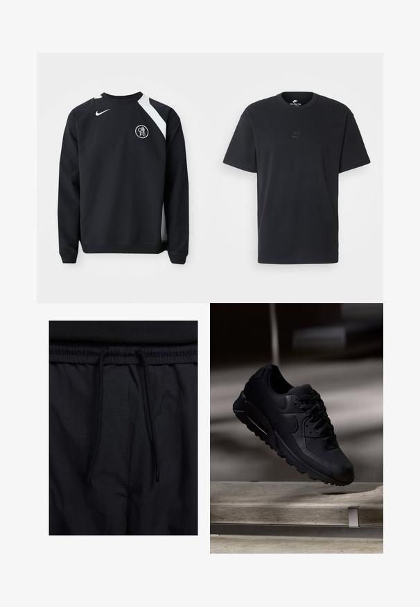 Sweatshirt noir avec des accents blancs, col rond, manches longues et poignets côtelés. Présente le logo Nike et l'emblème circulaire de Chelsea FC.; T-shirt en coton noir Nike avec un col rond classique, des manches courtes et un logo embossé subtil sur la poitrine. Texture lisse.; Shorts noirs avec un élastique à cordon de serrage, en tissu léger avec une texture lisse, et un design simple sans logos ni motifs visibles.; Baskets Nike Air Max 90 noires avec une tige en maille texturée, des accents en cuir lisse, un col rembourré et un coussin d'air visible dans la semelle.