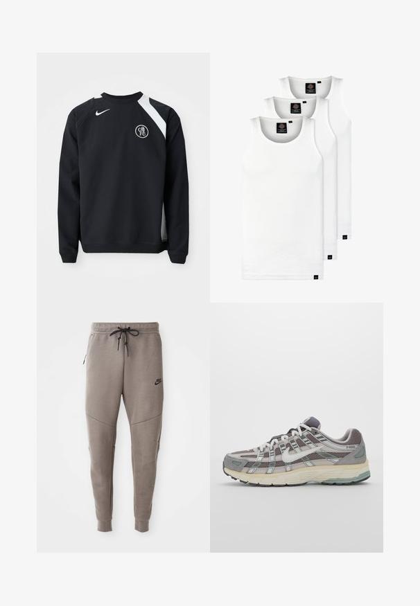 Sudadera negra con detalles en blanco, cuello redondo, mangas largas y puños de canalé. Presenta el logo de Nike y el emblema circular del Chelsea FC.; Tres camisetas sin mangas de algodón de color blanco con canalé. Cuentan con cuello redondo y pequeñas etiquetas negras cerca del dobladillo. Disponibles en múltiples tamaños.; Pantalones de chándal grises de Nike con cintura ajustable, piernas ajustadas, bolsillos laterales y costuras distintivas. Tejido suave y texturizado.; Zapatilla deportiva gris con parte superior de malla y ante, acentos blancos, suela acolchada y un diseño distintivo con elementos reflectantes.