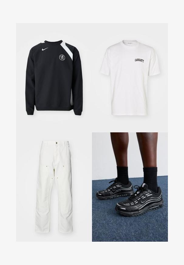 Hanorac negru cu accente albe, guler rotund, mâneci lungi și manșete cu nervuri. Prezintă logo-ul Nike și emblema rotundă a clubului Chelsea FC.; Tricou alb din bumbac, cu mâneci scurte și guler rotund. Prezintă un logo negru "Carhartt" imprimat pe partea superioară stângă a pieptului.; Pantaloni cargo din bumbac alb, cu o croială lejeră. Caracteristicile includ buzunare frontale, accesorii din metal aurit și secțiuni întărite la genunchi.; Pantofii negri Nike au un superior din plasă cu dungi accentuate, șireturi texturate și o talpă din cauciuc negru. Purtați cu șosete negre cu model rib.
