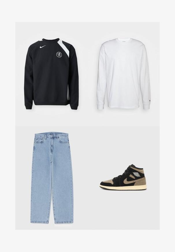 Schwarzer Sweatshirt mit weißen Akzenten, rundem Halsausschnitt, langen Ärmeln und gerippten Bündchen. Enthält das Nike-Logo und das kreisförmige Wappen des Chelsea FC.; Weißes Langarm-T-Shirt aus Baumwolle. Rundhals-Design mit gerippten Bündchen und kleinem Logo auf dem linken Ärmel. Glatte Textur.; Hellblaue Jeans aus Denim mit geradem Bein, ausgestattet mit einer mittelhohen Taille, fünf Taschen sowie einem Knopf- und Reißverschluss.; High-Top-Sneaker aus schwarzem und braunem Wildleder, mit perforierter Spitze, beigem Zwischensohle, schwarzen Schnürsenkeln und einem silbernen Logo an der Seite.