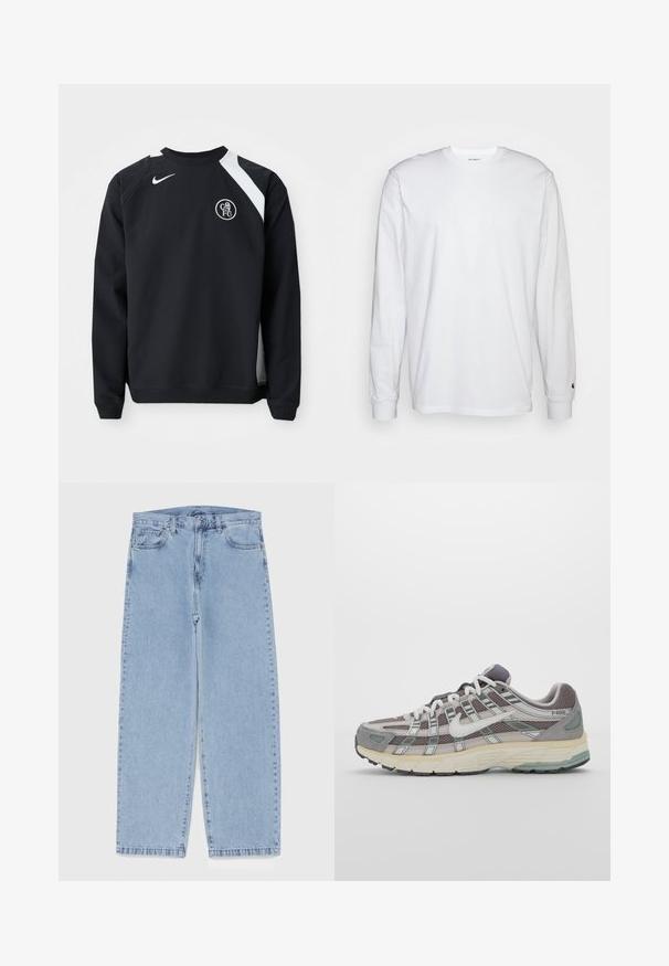 Schwarzer Sweatshirt mit weißen Akzenten, rundem Halsausschnitt, langen Ärmeln und gerippten Bündchen. Enthält das Nike-Logo und das kreisförmige Wappen des Chelsea FC.; Weißes Langarm-T-Shirt aus Baumwolle. Rundhals-Design mit gerippten Bündchen und kleinem Logo auf dem linken Ärmel. Glatte Textur.; Hellblaue Jeans aus Denim mit geradem Bein, ausgestattet mit einer mittelhohen Taille, fünf Taschen sowie einem Knopf- und Reißverschluss.; Grauer Sportschuh mit einem Obermaterial aus Mesh und Wildleder, weißen Akzenten, einer gepolsterten Sohle und einem charakteristischen Design mit reflektierenden Elementen.