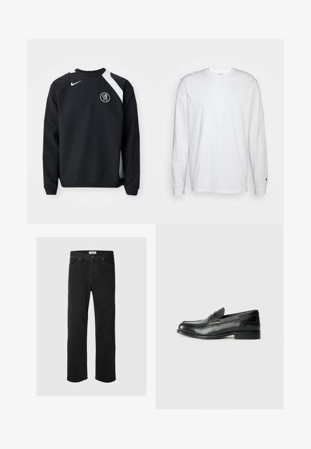 Zwarte sweatshirt met witte accenten, ronde halslijn, lange mouwen en ribgebreide manchetten. Bevat het Nike-logo en het circulaire embleem van Chelsea FC.; Witte lange mouwen T-shirt van katoen. Ronde hals ontwerp met ribgebreide manchetten en een klein logo op de linkermouw. Gladde textuur.; Zwarte denim rechte jeans hebben een klassiek vijf-pocket ontwerp met knoopsluiting, minimale stiksels en een zachte textuur.; Zwarte leren instappers met een gladde afwerking, gestikte details over de bovenkant en een licht verhoogde hak.