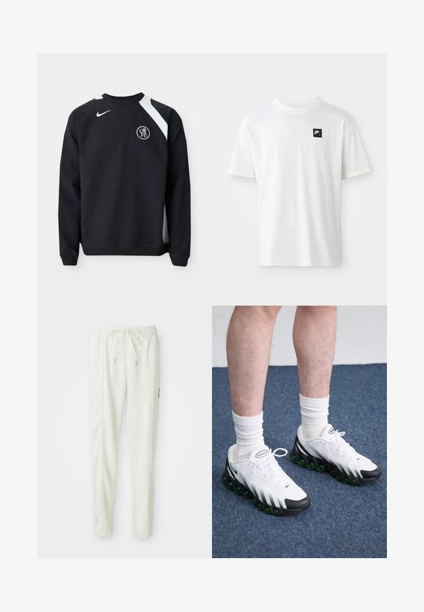 Sweatshirt preto com detalhes brancos, gola redonda, mangas longas e punhos canelados. Apresenta o logo da Nike e o emblema circular do Chelsea FC.; T-shirt branca em algodão com mangas curtas e decote redondo; apresenta um pequeno logótipo retangular preto da Nike Air no lado esquerdo do peito.; Calças jogger slim-fit brancas com cintura elástica e cordão, apresentando detalhes nas costuras laterais e um pequeno patch preto na perna direita.; Tênis atléticos brancos com detalhes pretos e amortecimento verde. Possui um cabedal texturizado, fecho com atacadores e logotipo da marca visível.