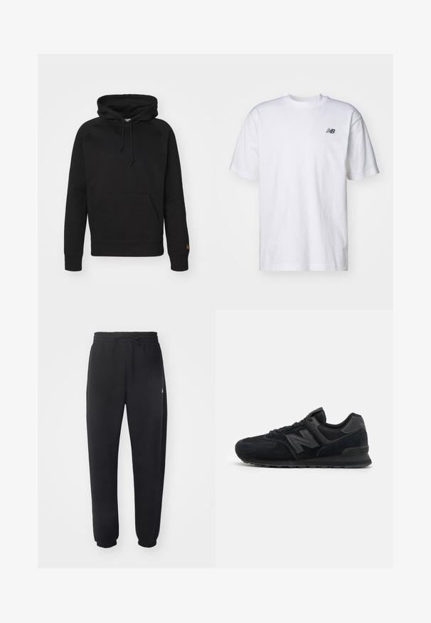 Czarna bluza z kapturem uszyta z miękkiego materiału, z przednią kieszenią, regulowanym sznurkiem i prążkowanymi mankietami. Gładka tekstura z minimalnymi detalami.; Biała, krótka koszulka z okrągłym dekoltem z krótkim rękawem z małym czarnym logo New Balance na lewej piersi na jednolitym tle.; Czarne dresy wykonane z miękkiego materiału, z elastycznym pasem, sznurkiem i zwężanymi mankietami, z subtelnym logo po boku.; Czarne zamszowe i siateczkowe buty sportowe z teksturowaną cholewką, wyściełanym kołnierzem, płaskimi sznurowadłami i szarym logo po boku.