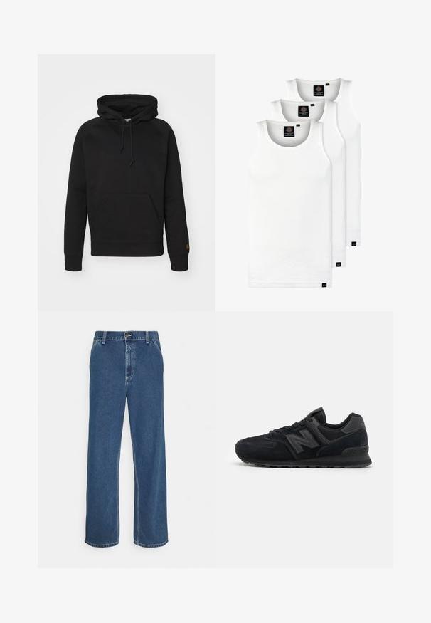 Melnā kapucīne no mīksta auduma, ar priekšējo kabatu, regulējamu auklu un ribotām piedurknēm. Gluda tekstūra ar minimālu noformējumu.; Trīs baltas ribotas krūšturi, kas izgatavoti no kokvilnas. Iezīmēti ar apaļu kakla izgriezumu un maziem melniem etiķetēm tuvu apakšmalai. Pieejami vairākos izmēros.; Zili džinsi ar taisnu piegriezumu, piecu kabatu dizainu, metāla pogu aizdari un redzamām šuvēm gar šuvēm un apakšmalu.; Melnas zamšādas un acs sporta kurpes ar teksturētu virsu, mīkstu apkārtni, plakaniem šņorēm un pelēku logotipa akcentu sānos.