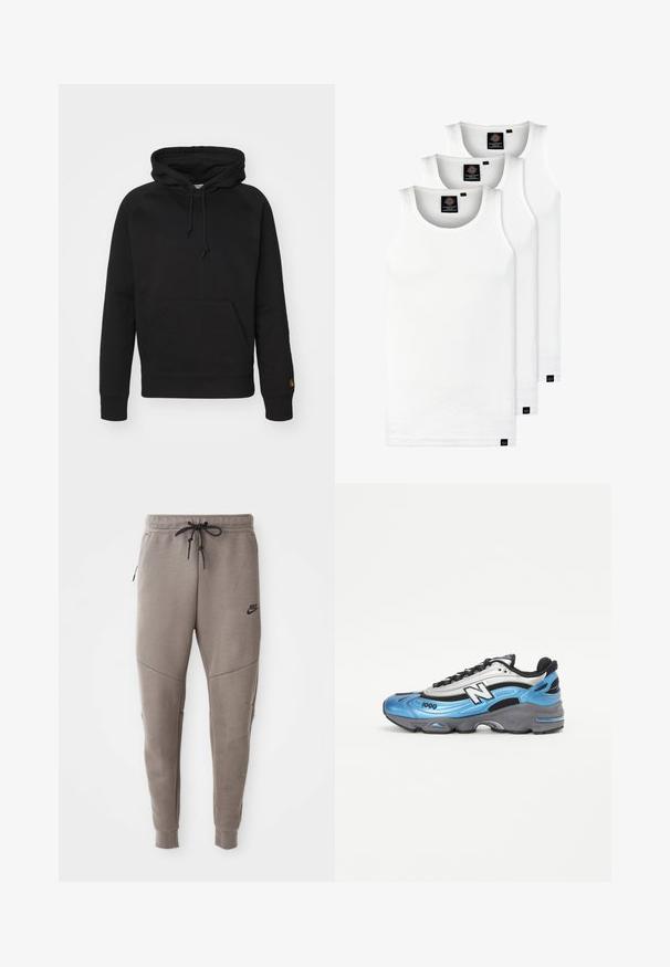 Svart huva i mjukt tyg, med en framficka, justerbar dragsko och ribbade muddar. Slät textur med minimal detaljering.; Tre vita ribbade linnen i bomull. Har rund halsringning och små svarta etiketter vid fållen. Finns i flera storlekar.; Grå Nike sweatpants med dragsko i midjan, avsmalnande ben, sidofickor och tydlig sömdekoration. Mjuk, strukturerad tyg.; Blå och silver atletiska skor med mesh- och syntetiska material, med en tjock grå sula och framträdande svarta accenter. Modellnummer 1000 synligt.