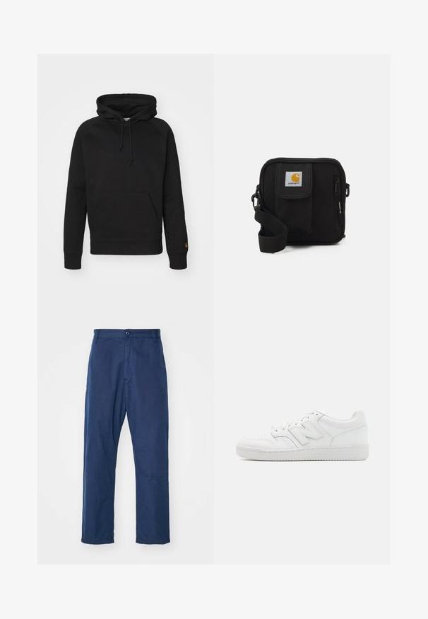 Schwarzer Hoodie aus weichem Stoff, mit einer Kängurutasche vorne, verstellbarem Kordelzug und gerippten Bündchen. Glatte Textur mit minimaler Gestaltung.; Marineblau, gerade geschnittene Hose aus Baumwolle. Mit einem Frontknopfverschluss und subtiler Textur, sowie Seitentaschen und Gürtelschlaufen.; Weiße Sneaker aus glattem Leder, mit perforierter Zehenpartie, einer strukturierten Gummisohle, flachen Schnürsenkeln und einem auffälligen 'N'-Logo an der Seite.; Schwarze Umhängetasche mit einem Reißverschluss-Hauptfach, einer Fronttasche, einem verstellbaren Tragegurt und einem sichtbaren Logo-Patch auf dem Deckel.