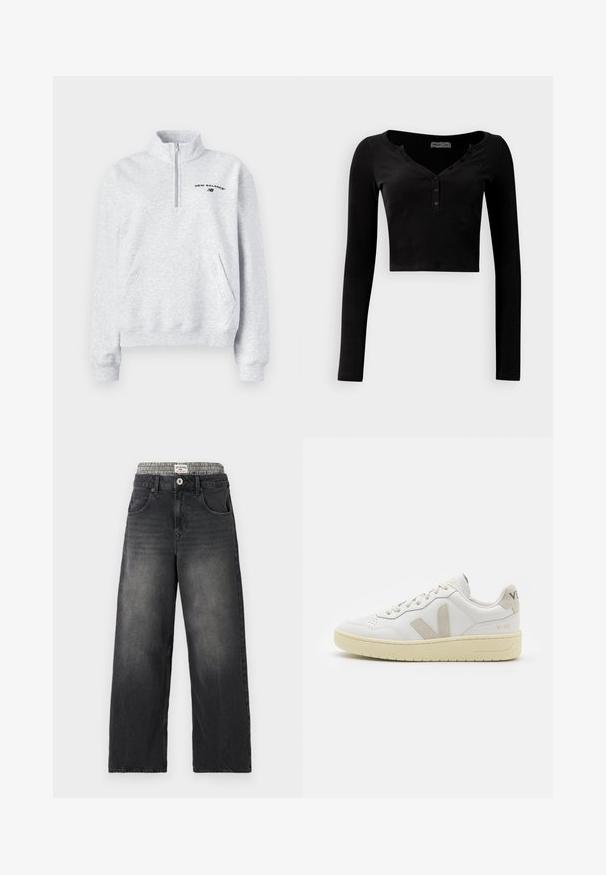 Šedý fleecový svetr s krátkým zipem a vysokým límcem. Má přední kapsu a vyšívané logo "New Balance" v černé barvě.; Černý zkrácený top s dlouhým rukávem vyrobený z žebrované látky, s výstřihem do V a předním zapínáním na tři knoflíky.; Černé džíny s širokými nohavicemi a pasem s kostkovaným vzorem. Obsahují přední kapsy a zapínání na knoflík. Ošuntělá textura.; Bílé kožené tenisky s béžovými semišovými akcenty, perforovanou špičkou, plochými tkaničkami a strukturovanou krémovou podešví. Obsahují jemné logo na patě.