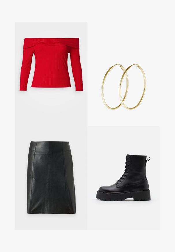 Crvena bluzica s dugim rukavima i otvorenim ramenima s rebrastom teksturom. Prilagođeni dizajn ističe siluetu. Glatka tkanina s čistim izrezom.; Crna kožna suknja s prilagođenim dizajnom. Glatka tekstura, šavovi koji oblikuju siluetu i ravni rub. Minimalistički i elegantan izgled.; Crne kožne gležnjače s okruglim vrhom, vezanjem sprijeda i debelim gumenim potplatom s teksturiranim uzorkom. Tipa: traka za vuču na stražnjoj strani.; Zlatne kružne naušnice s glatkim, zaobljenim dizajnom i sjajnom završnom obradom. Lagana konstrukcija s sigurnim kopčanjem.